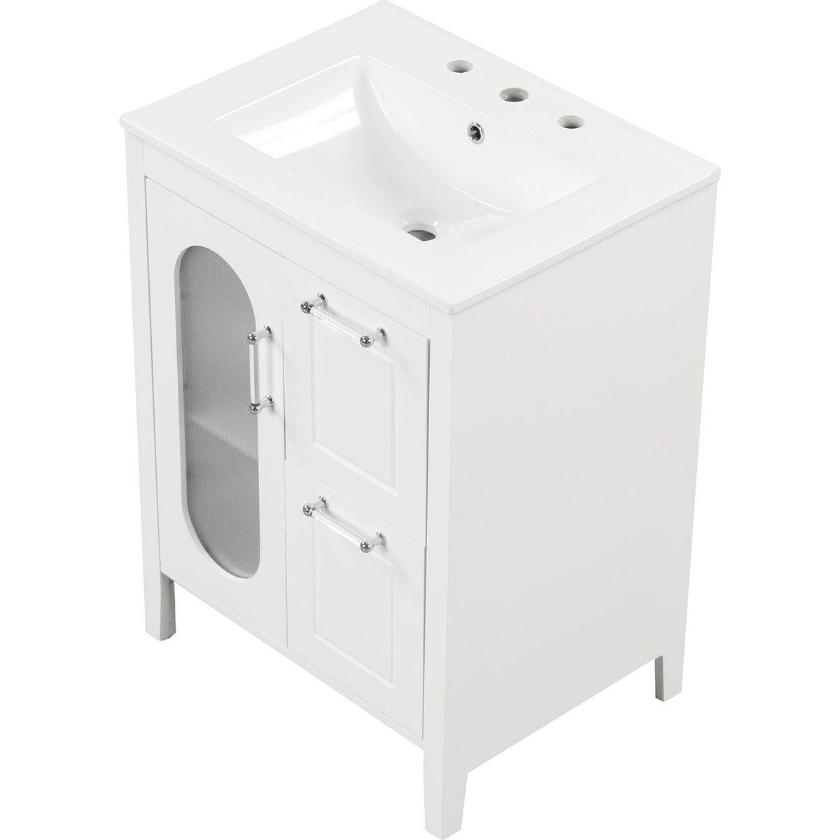 24" Bathroom Vanity with Sink, Bathroom Vanity Cabinet with Two Drawers and Door, Adjustable Shelf, Solid Wood and MDF, White