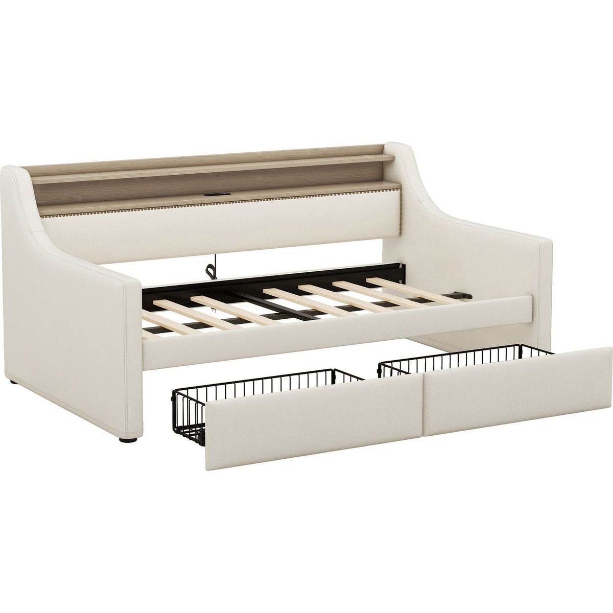 Twin Size Daybed with Storage Drawers, Upholstered Daybed with Charging Station and LED Lights, Beige