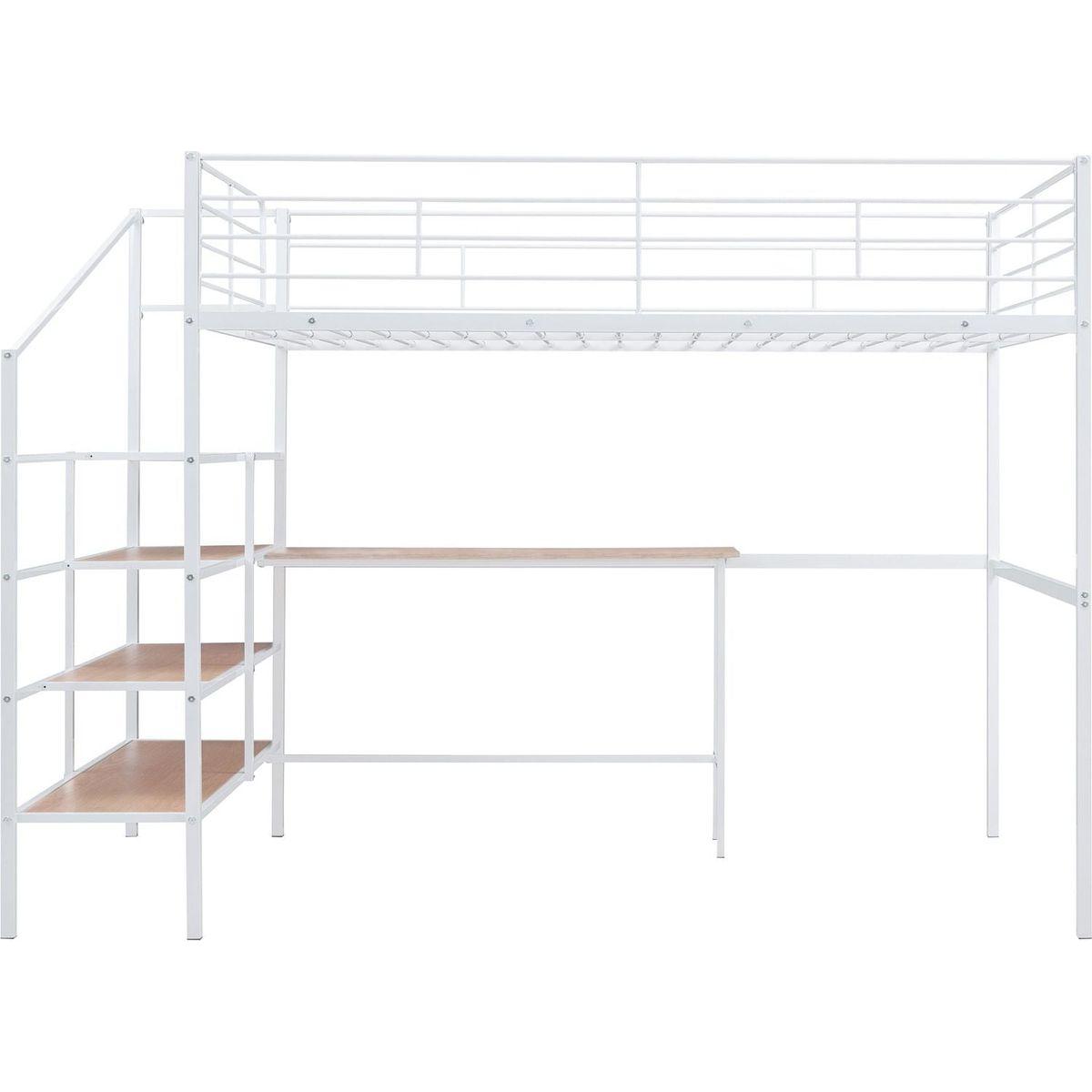 Full Size Metal Loft Bed with Desk and Lateral Storage Ladder, White