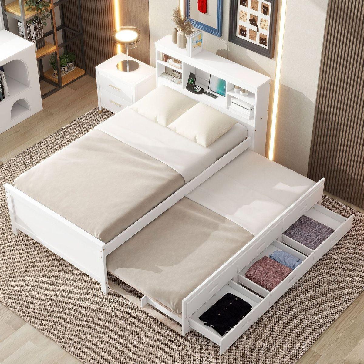 Twin Size Platform Bed with Storage Headboard, USB, Twin Size Trundle and 3 Drawers, White