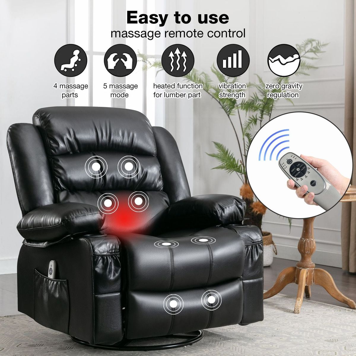 Massage Swivel Rocker Recliner Chair with Vibration Massage and Heat Ergonomic Lounge Chair for Living Room with Rocking Function and Side Pocket 2 Cup Holders USB Charge Port, black.