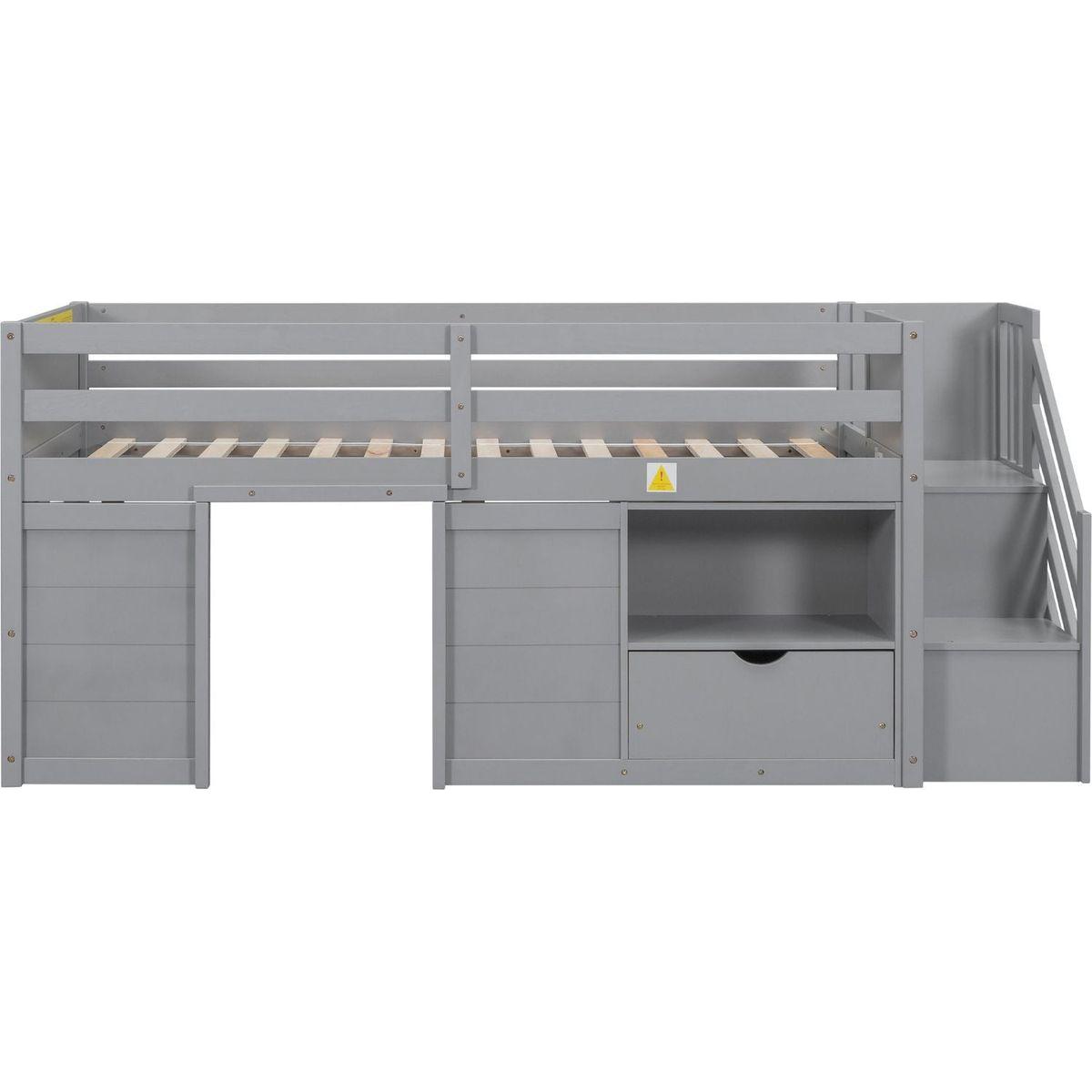 TWIN BED, SOLID WOOD TWIN SIZE LOW LOFT BED WITH STAIR, DRAWER, AND SHELF OF GREY COLOR