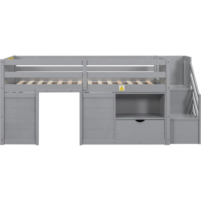 TWIN BED, SOLID WOOD TWIN SIZE LOW LOFT BED WITH STAIR, DRAWER, AND SHELF OF GREY COLOR