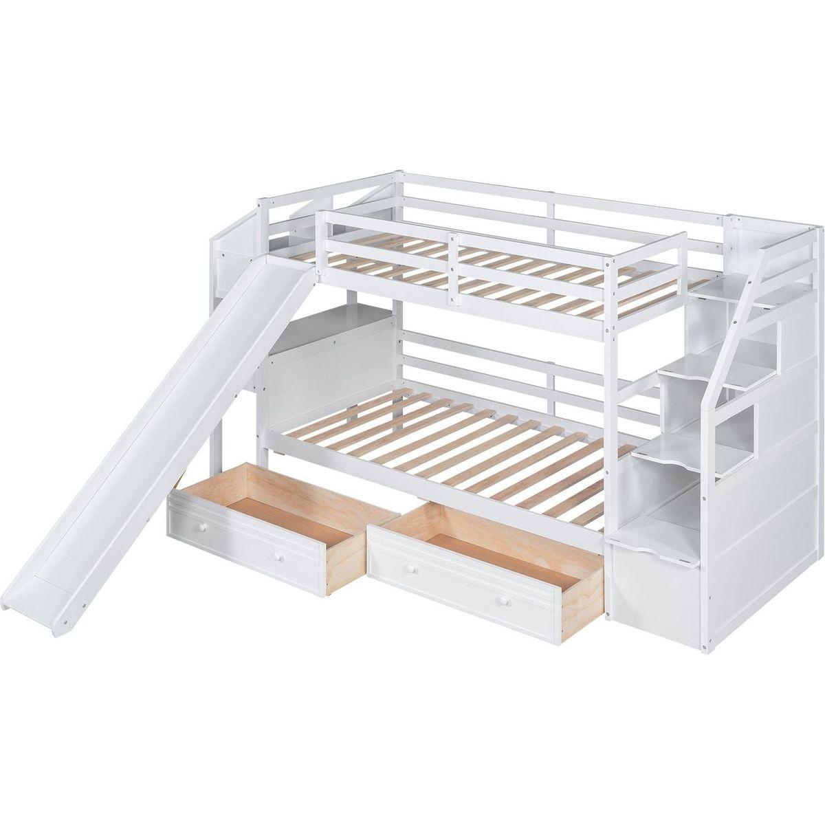 Twin over Twin Bunk Bed with Storage Staircase, Slide and Drawers, Desk with Drawers and Shelves, White