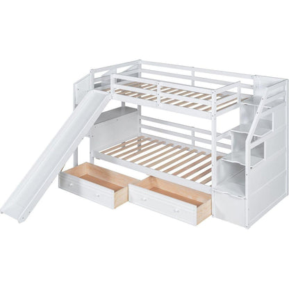 Twin over Twin Bunk Bed with Storage Staircase, Slide and Drawers, Desk with Drawers and Shelves, White