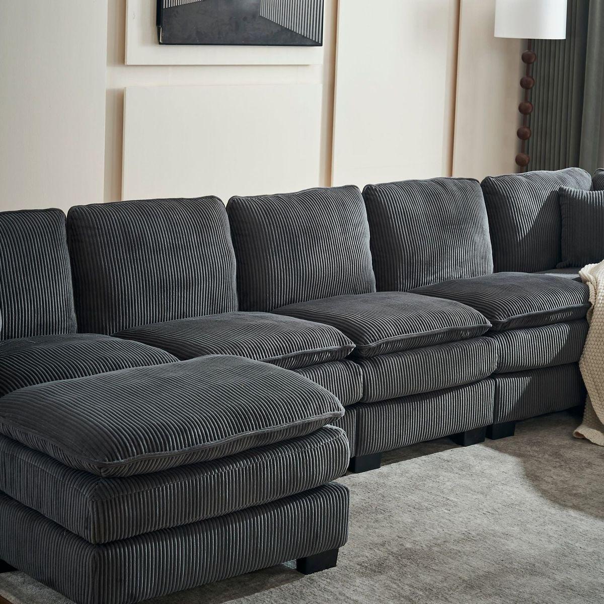 Modern U Shaped 6-seat Sectional Sofa Couch with one Ottoman and three toss pillows, Modular Sofa for Living Room,Corduroy sofa
