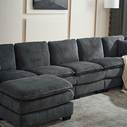 Modern U Shaped 6-seat Sectional Sofa Couch with one Ottoman and three toss pillows, Modular Sofa for Living Room,Corduroy sofa