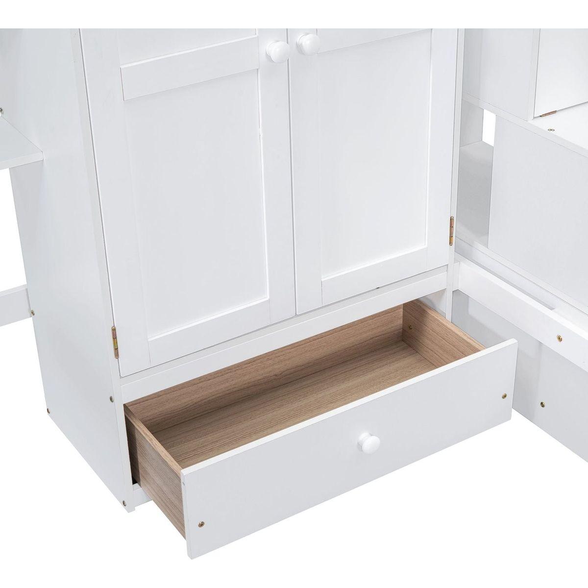 Full size Loft Bed with Bookshelf,Drawers,Desk,and Wardrobe-White