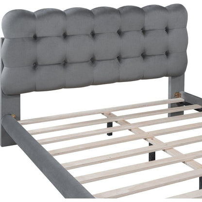 Full Size Velvet Platform Bed with LED Frame, Thick & Soft Fabric and Button-tufted Design Headboard, Gray
