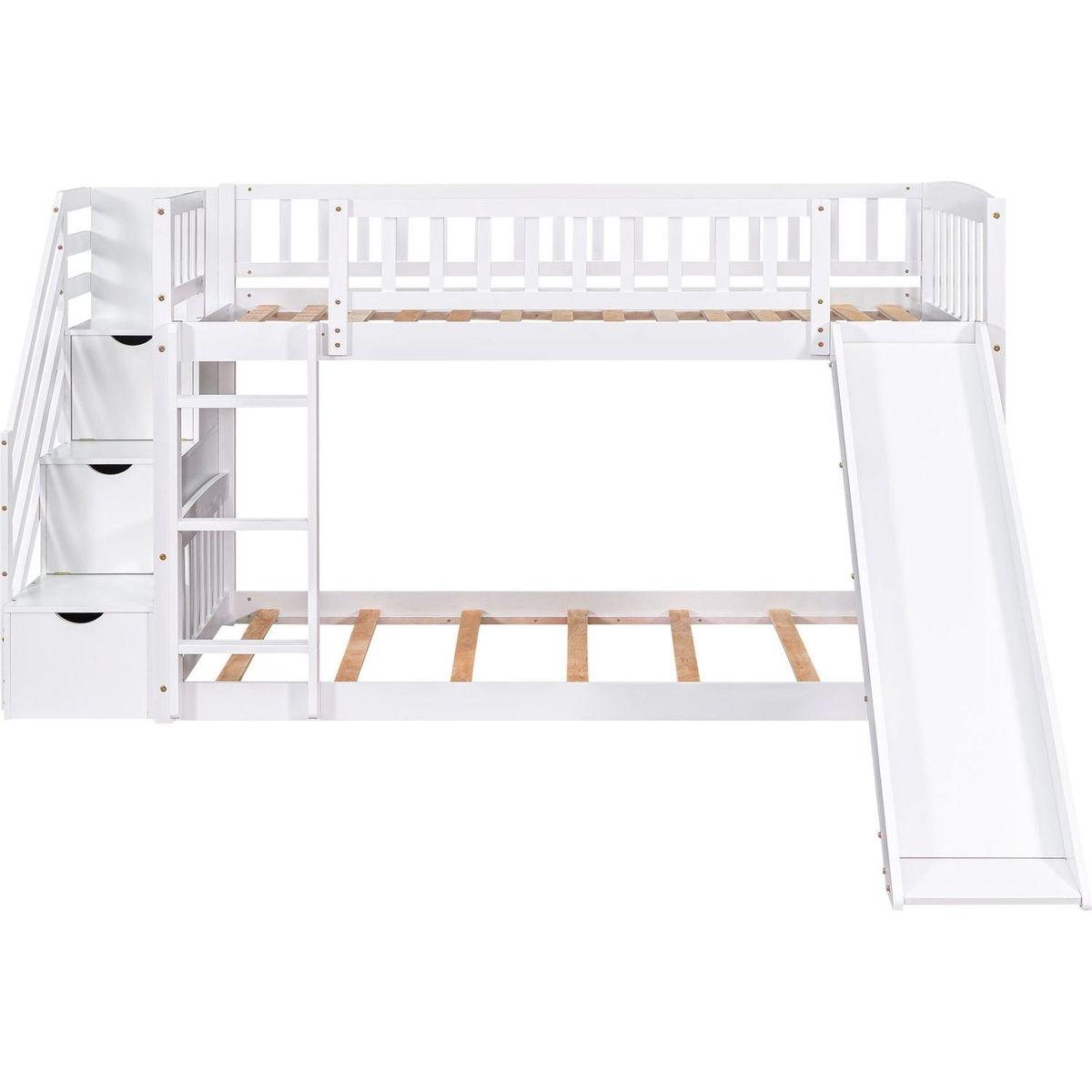 Stairway Twin over Twin Bunk Bed with Two Drawers and Slide, White