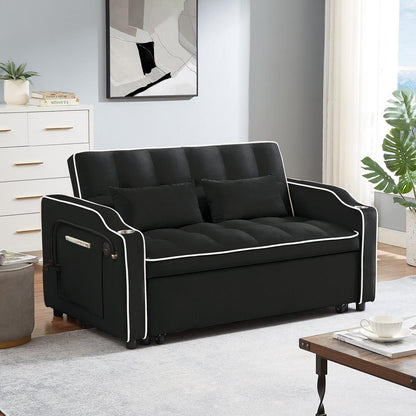 1 versatile foldable sofa bed in 3 lengths, modern sofa sofa sofa velvet pull-out bed, adjustable back and with USB port and ashtray and swivel phone stand (black)