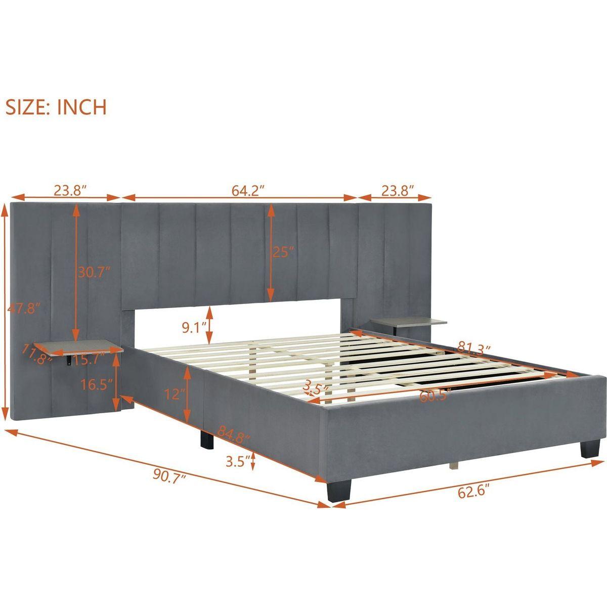 Queen Size Upholstered Platform Bed with Big Headboard, Bedroom Furniture, Velvet, Gray