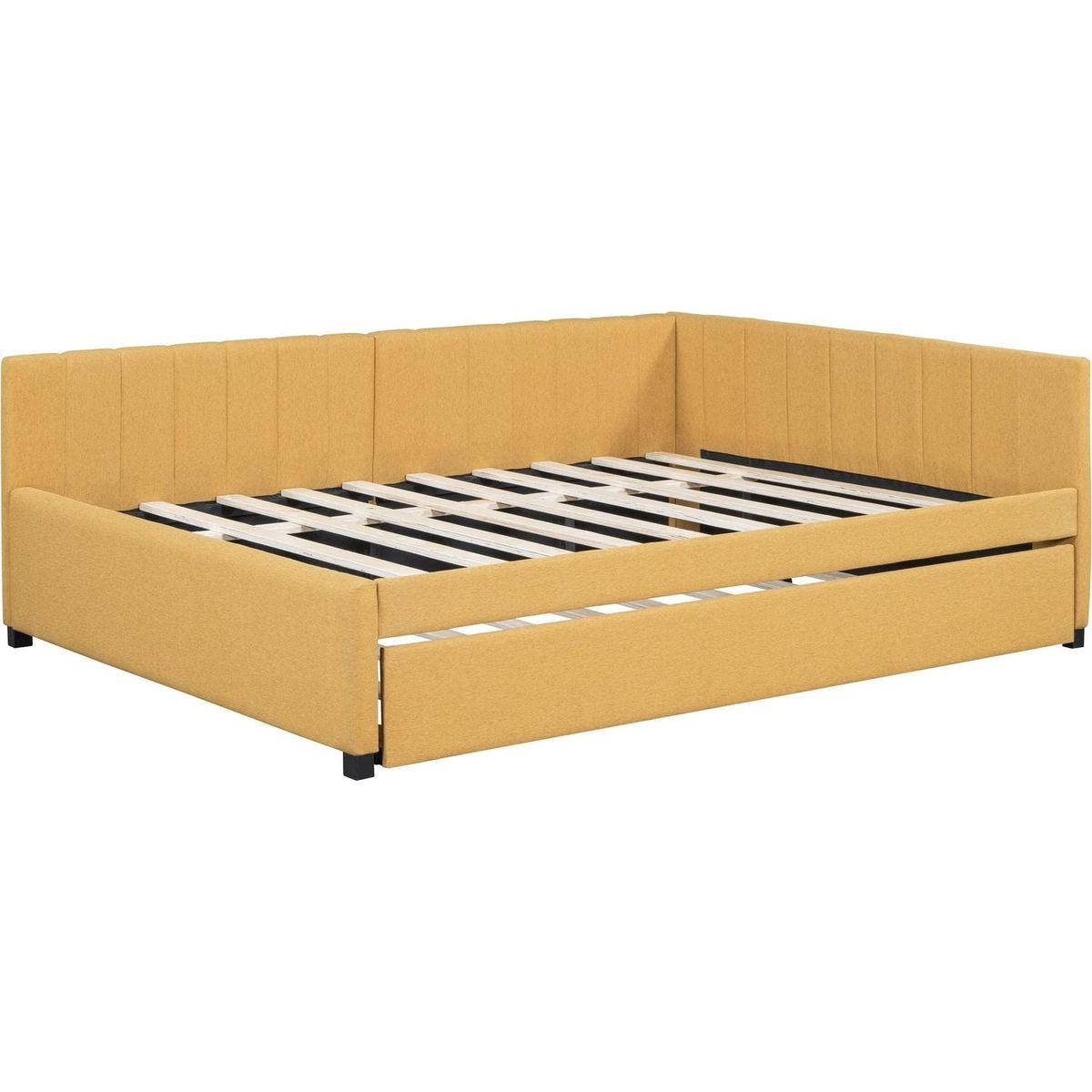 Full Size Upholstered Daybed with Trundle Sofa Bed Frame No Box Spring Needed, Linen Fabric(Yellow)