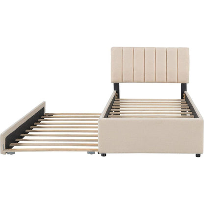 Teddy Fleece Twin Size Upholstered Platform Bed with Trundle, Beige