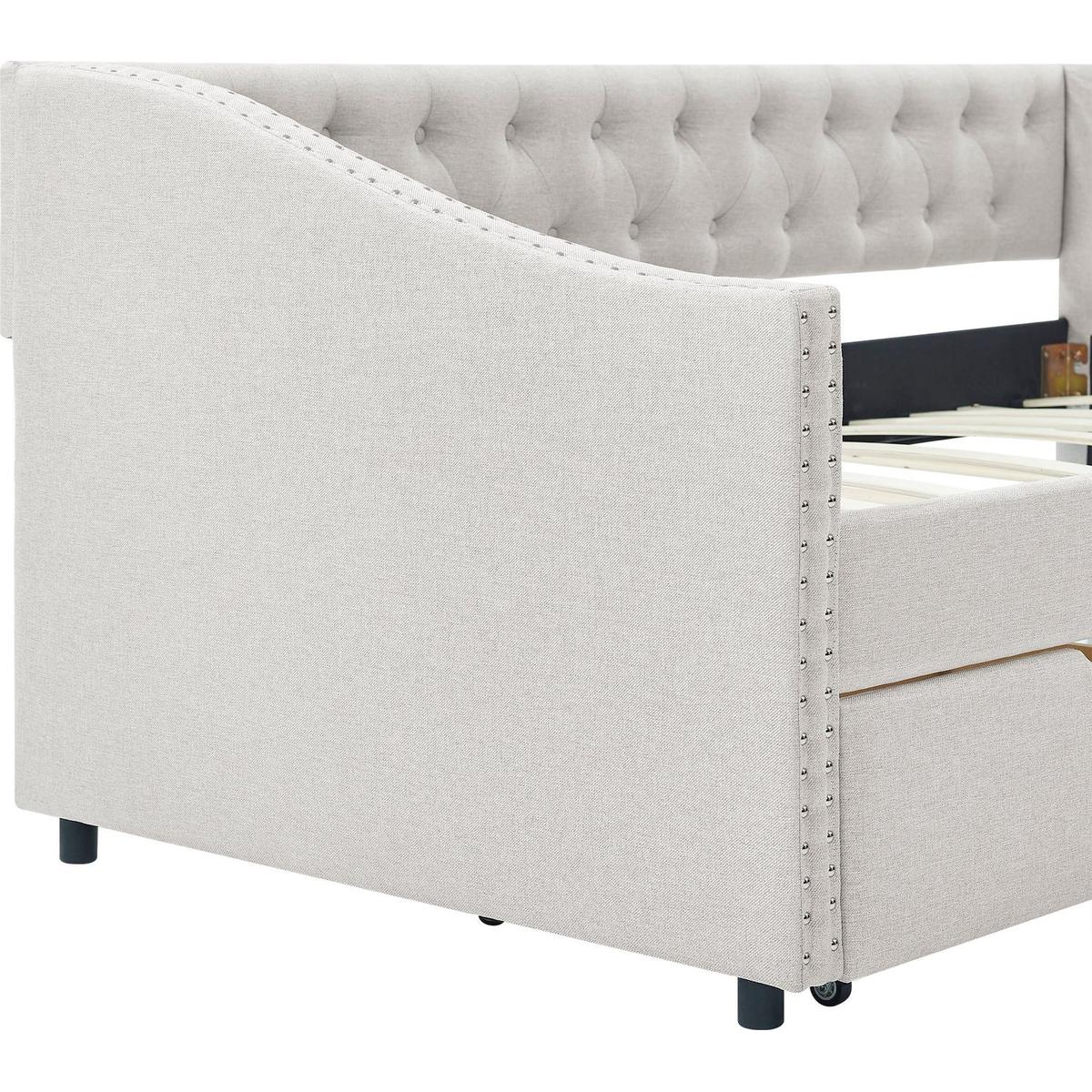 Twin Size Daybed with Drawers Upholstered Tufted Sofa Bed, with Button on Back and Copper Nail on Waved Shape Arms, Beige(81.5"x41"x30.5")