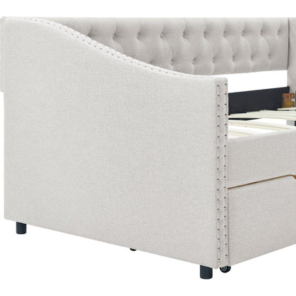 Twin Size Daybed with Drawers Upholstered Tufted Sofa Bed, with Button on Back and Copper Nail on Waved Shape Arms, Beige(81.5"x41"x30.5")
