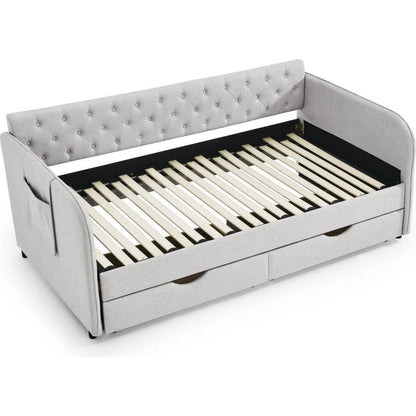 Twin Size Upholstery Daybed with Trundle Bed and Two Storage Drawers, Flat Arms with Pocket, Extendable Daybed for Bedroom Living Room,Linen Beige