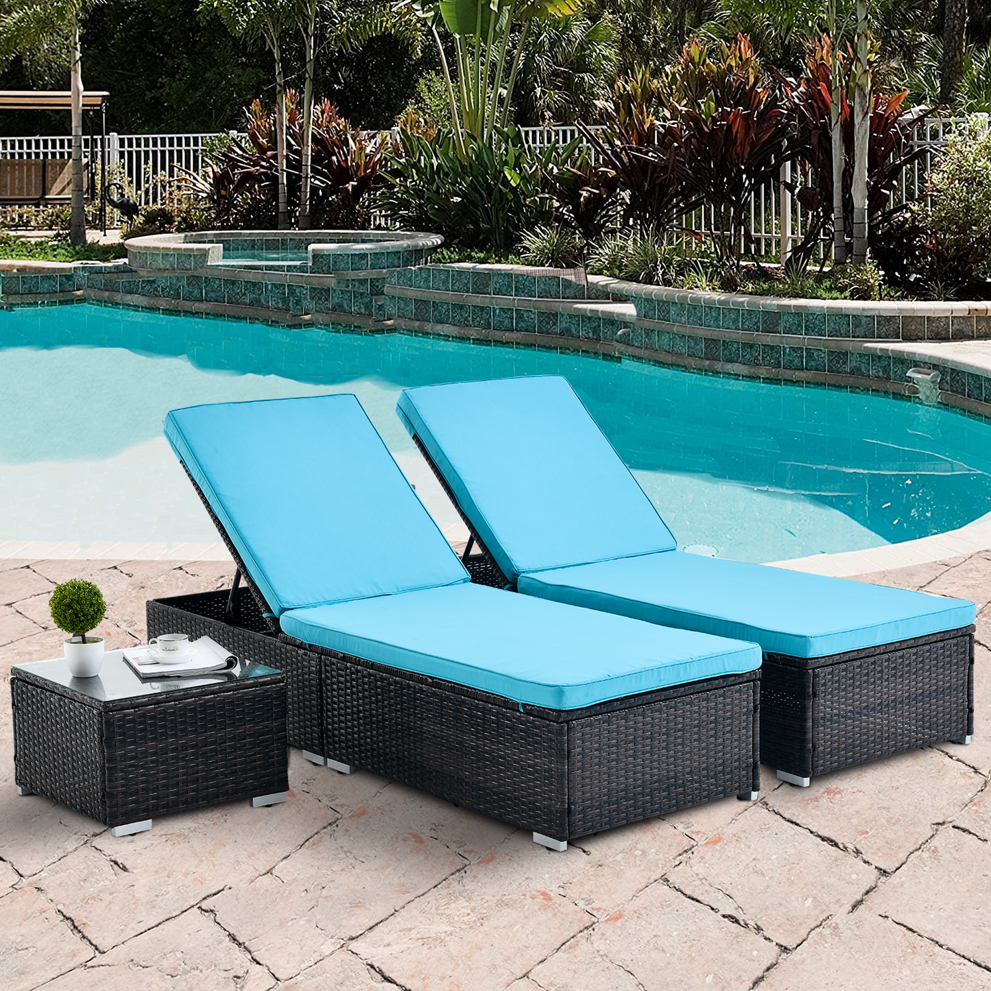 Outdoor Patio Chaise Lounge Chair,Lying in bed with PE Rattan and Steel Frame,PE Wickers,Pool Recliners with Elegant Reclining Adjustable Backrest and Removable Cushions Sets of 3(Brown+Blue)