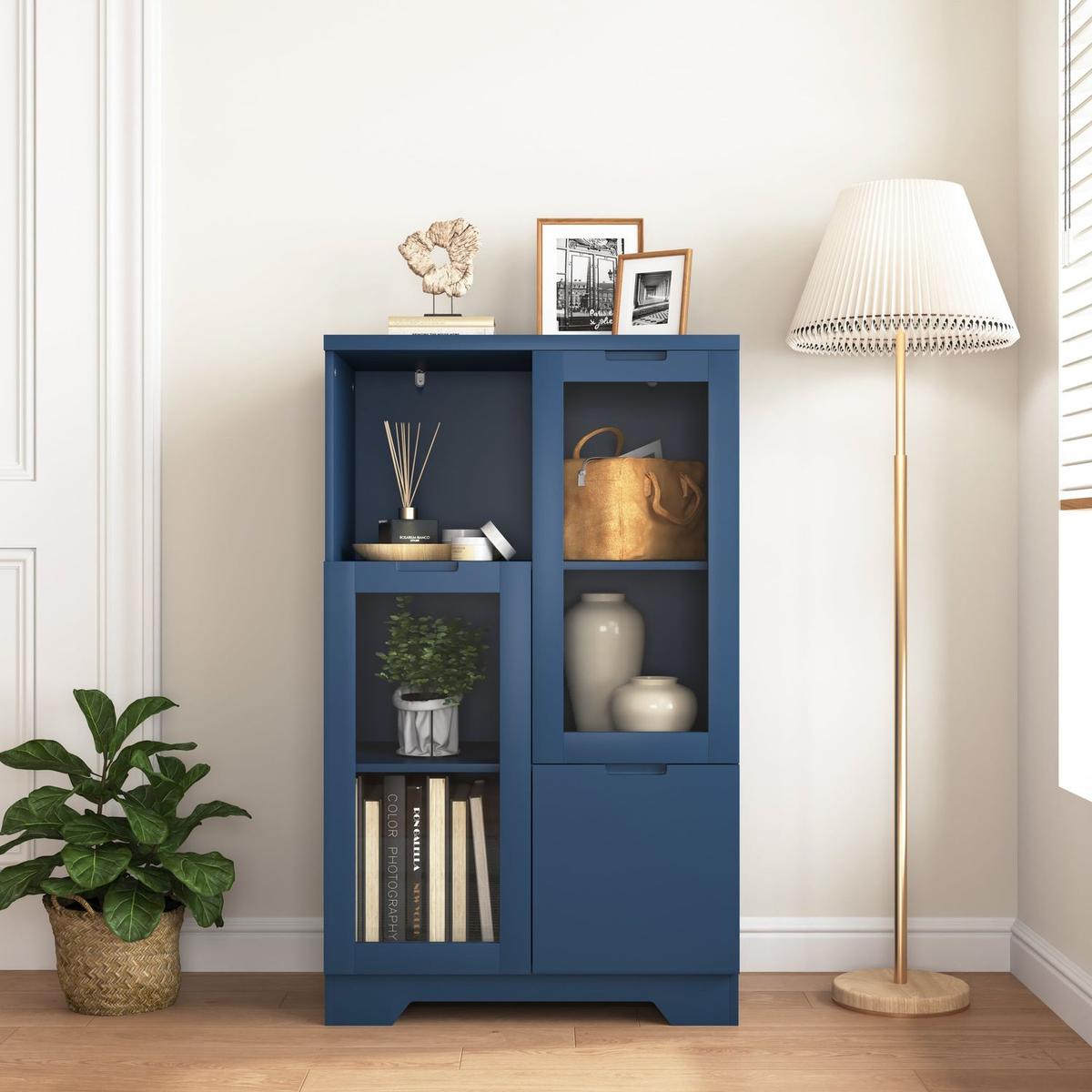 Wooden Floor Cabinet with 2 Glass Doors and 2 Storage Space,Blue Living Room Bathroom Entryway - Streamdale Furniture
