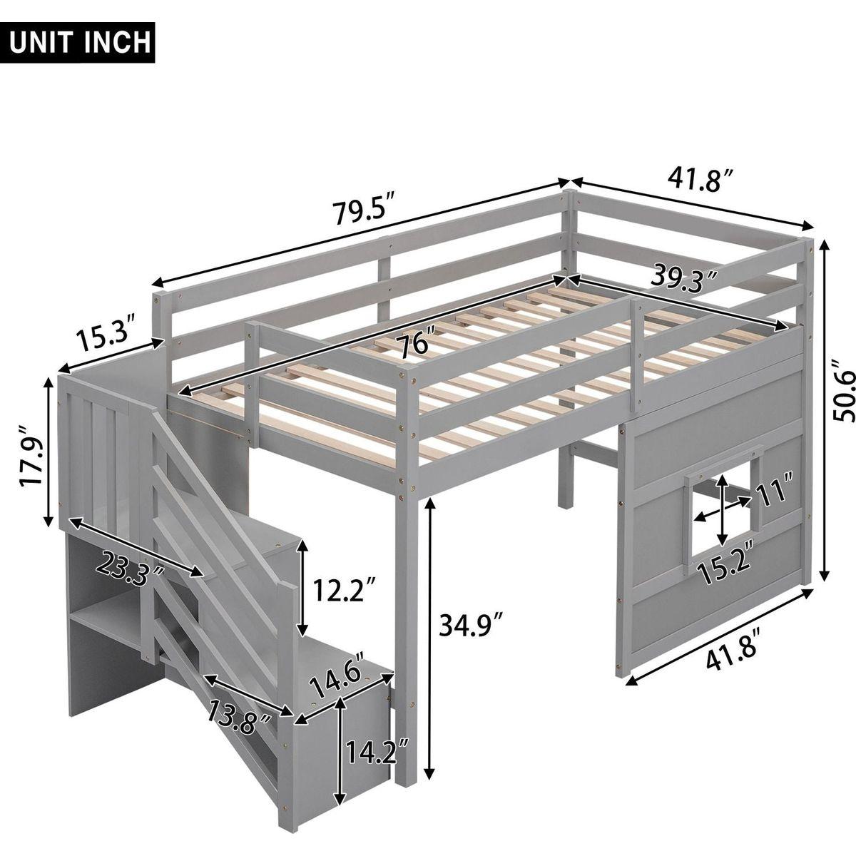 Twin Size Loft Bed with Storage Staircase and Window, Gray