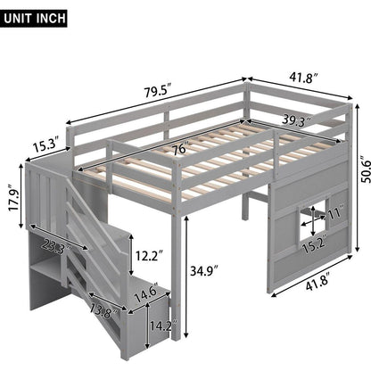 Twin Size Loft Bed with Storage Staircase and Window, Gray