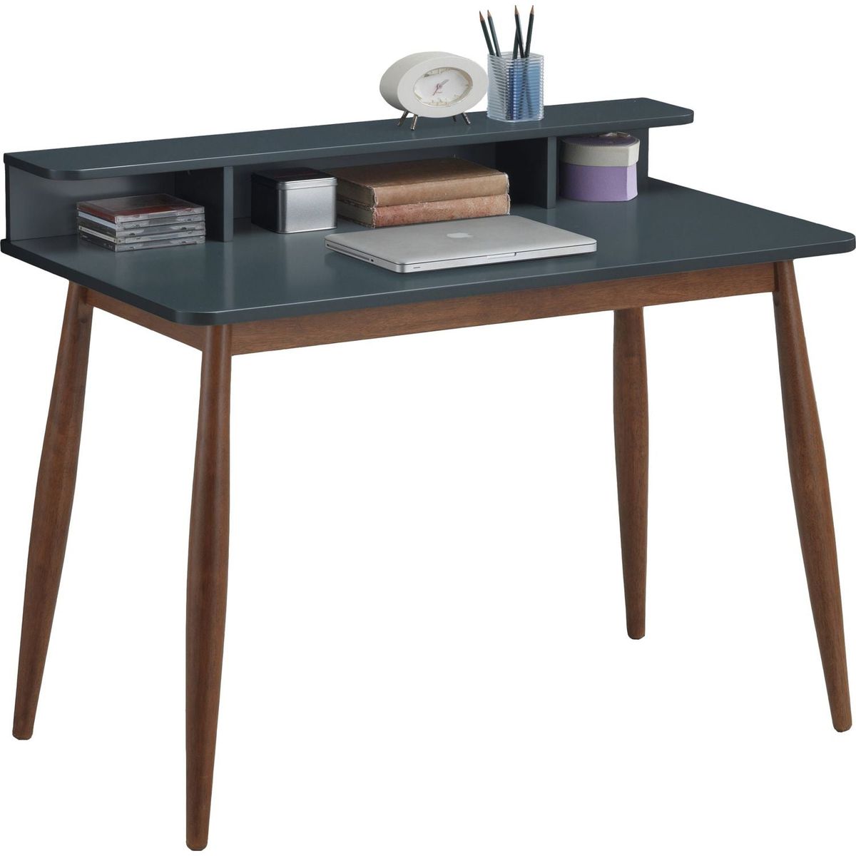 Roskilde Mid-Century Modern Wood Writing Desk with Hutch, Grey