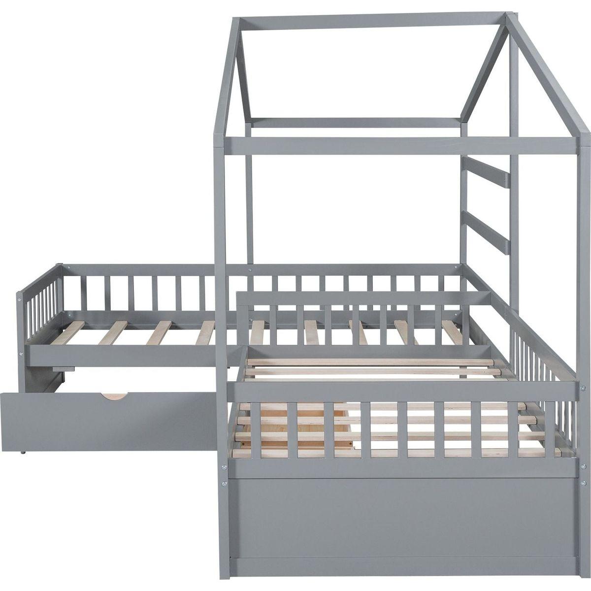 Twin Size House Platform Bed with Three Storage Drawers,Gray