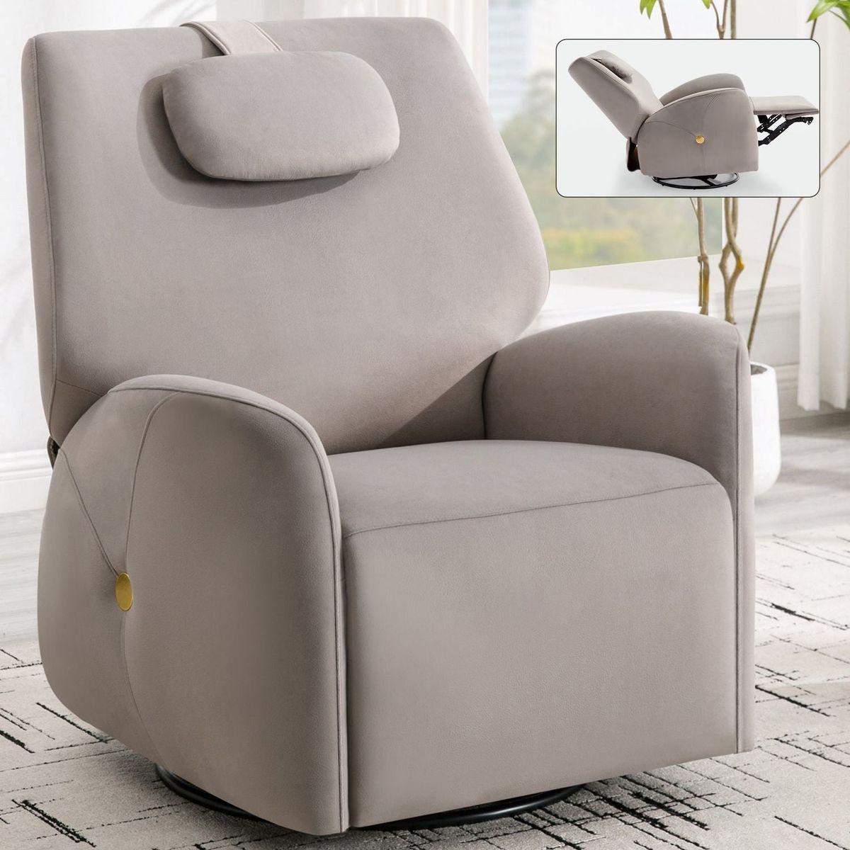 Grey Swivel and Rocker Power Recliner Chair with Lumbar and Neck Support Pillow, Max Swivel Degree 270, Heavy Duty Motion Mechanism with USB and Type-C Ports