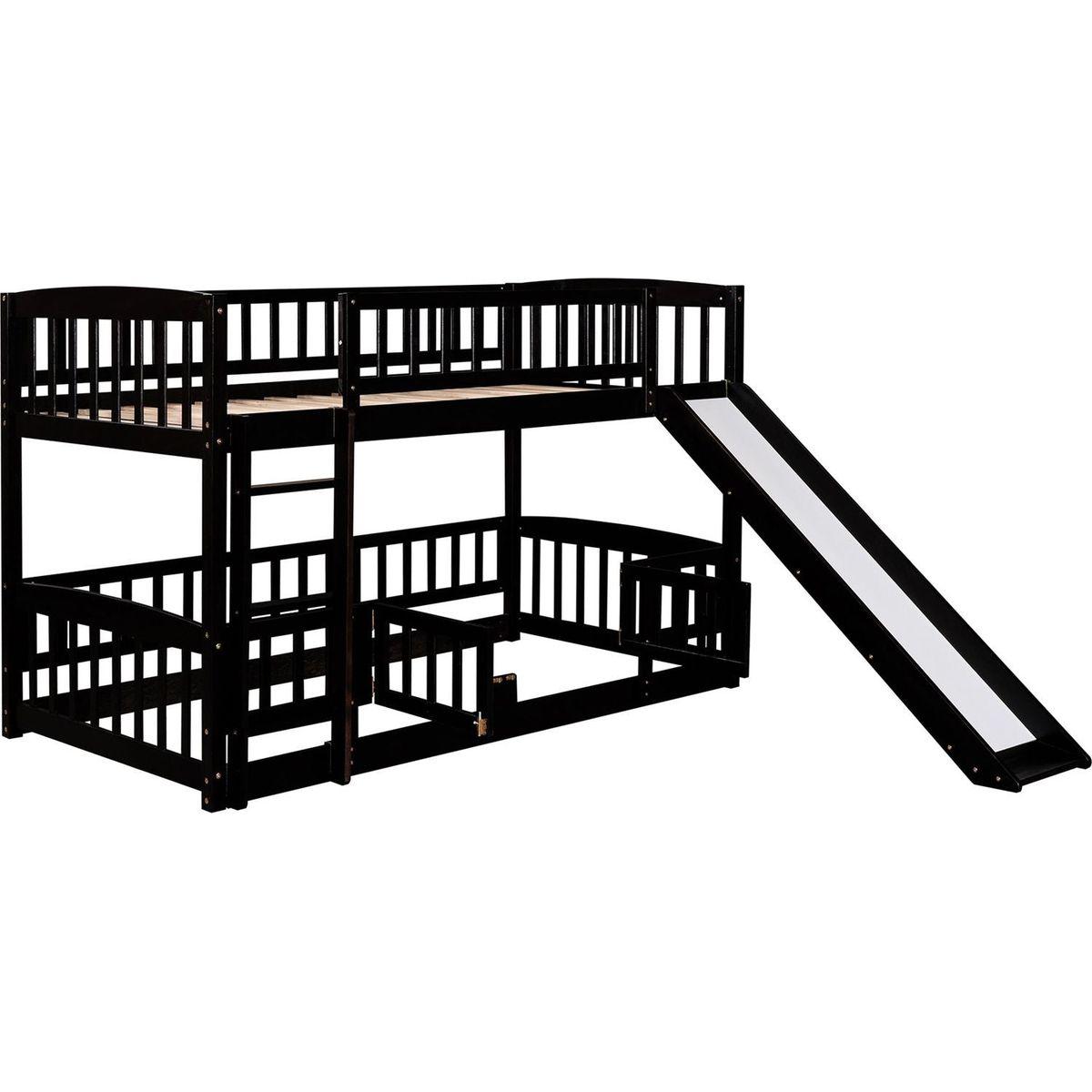 Bunk Bed with Slide,Twin Over Twin Low Bunk Bed with Fence and Ladder for Toddler Kids Teens Espresso