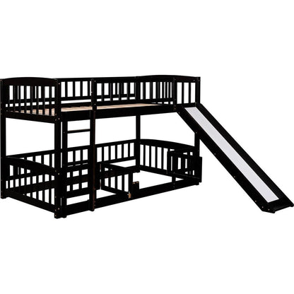 Bunk Bed with Slide,Twin Over Twin Low Bunk Bed with Fence and Ladder for Toddler Kids Teens Espresso