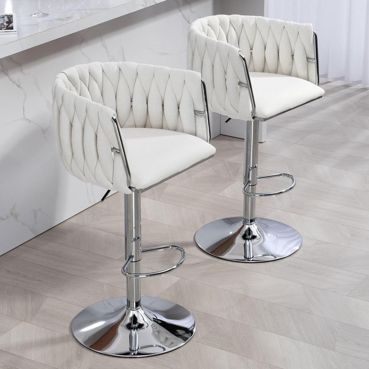360 Fabric cover Swivel Bar Stools Set of 2, Adjustable Counter Height Bar Chairs with Woven Back & Footrest,Silver chromed Bar Stools for Kitchen Island, Cafe, Pub (Beige)