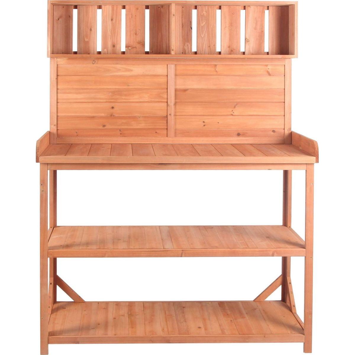 65" Large Wooden Farmhouse Rustic Outdoor Potting Bench Table, Patio Workstation, Garden Potting Bench with 4 Storage Shelves and Side Hook,Natural