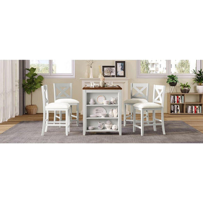 5 Pieces Counter Height Rustic Farmhouse Dining Room Wooden Bar Table Set with 4 Chairs, White