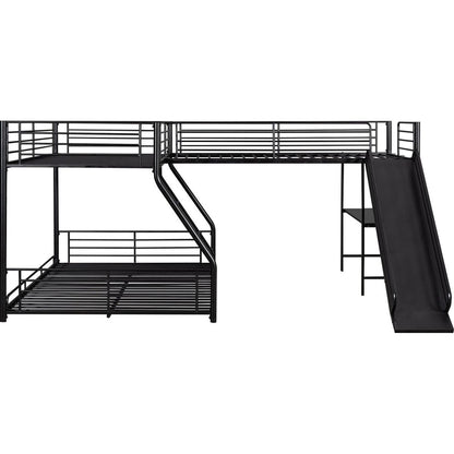 L-Shaped Twin over Full Bunk Bed with Twin Size Loft Bed,Built-in Desk and Slide,Black