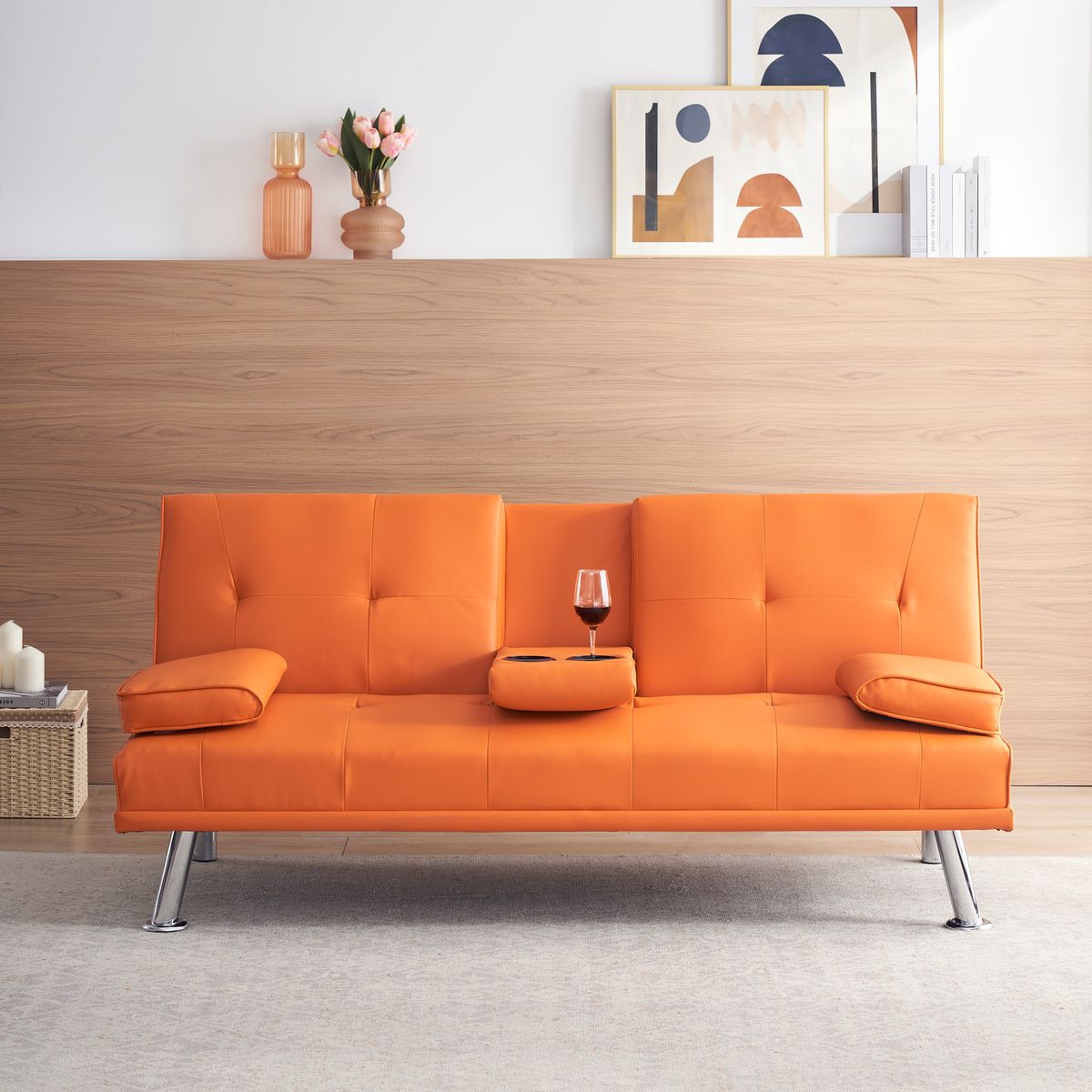 67' Orange Leather Office Sofa Bed, Double Fold, with Coffee Table, Multifunctional