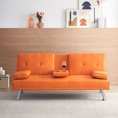 67' Orange Leather Office Sofa Bed, Double Fold, with Coffee Table, Multifunctional