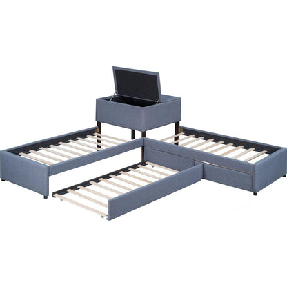 L-shaped Upholstered Platform Bed with Trundle and Two Drawers Linked with built-in Desk,Twin,Gray