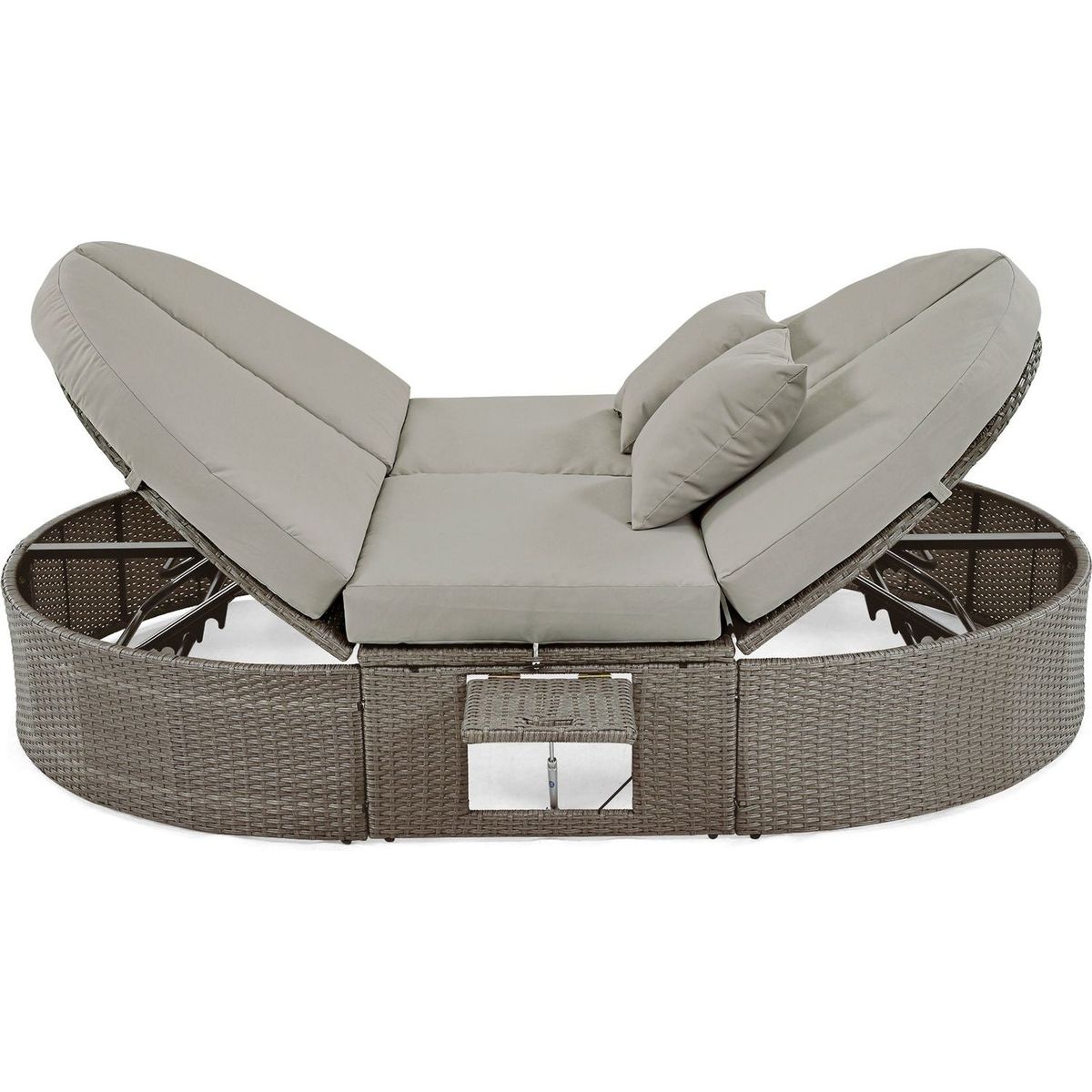 Outdoor Sun Bed Patio 2-Person Daybed with Cushions and Pillows, Rattan Garden Reclining Chaise Lounge with Adjustable Backrests and Foldable Cup Trays for Lawn,Poolside, Gray