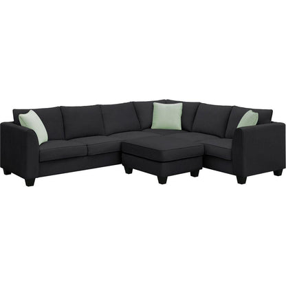 112x87" Sectional Sofa Couches Living Room Sets, 7 Seats Modular Sectional Sofa with Ottoman, L Shape Fabric Sofa Corner Couch Set with 3 Pillows, Black(New of GS008210AAB)