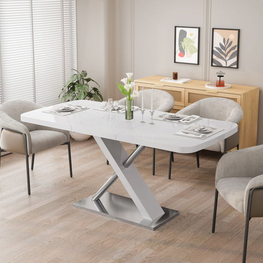 47.25''-63'' Modern White Glossy Dining Table for 4-6 People, Extendable Dining Table with Crossed Metal Base and Stainless Steel Tubes, Large Dining Table  White(Same SKU:W757P160404)