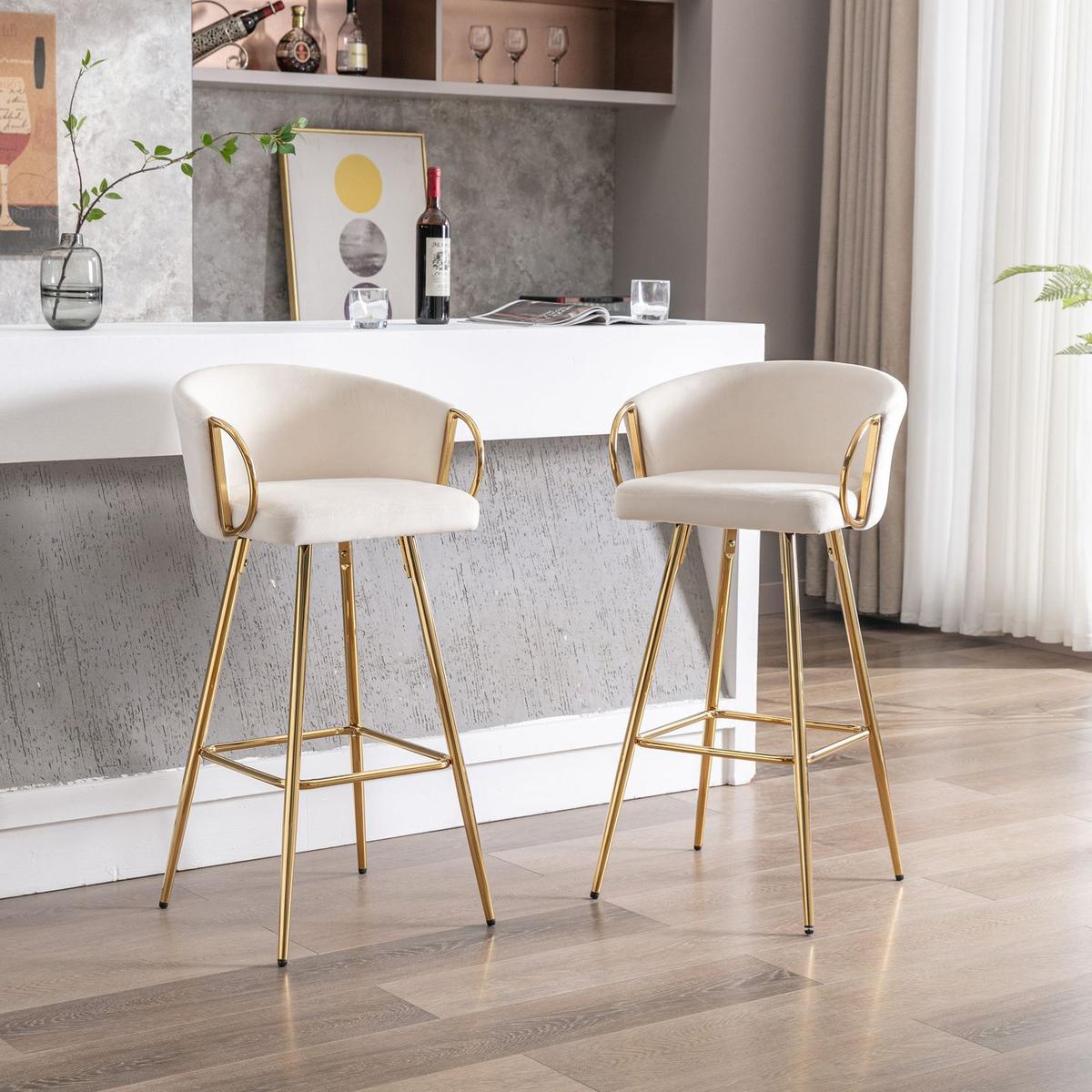 26 Inch Set of 2 Bar Stools,with Chrome Footrest and Base Velvet + Golden Leg Simple Bar Stoo,CREAM