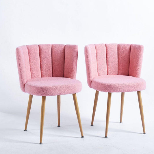 Modern pink dining chair(set of 2 ) with iron tube wood color legs, shorthair cushions and comfortable backrest, suitable for dining room, living room, cafe, simple structure.