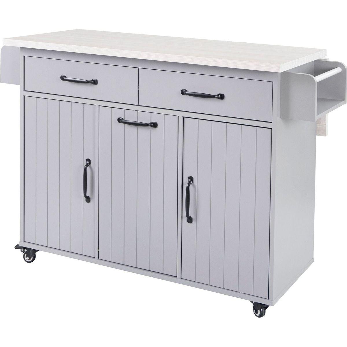 Kitchen Island with Trash Can Storage Cabinet, Kitchen Cart with Drop Leaf, Spice Rack, Towel Rack and Drawer, Rolling Kitchen Island on Wheels with Adjustable Shelf, Grey