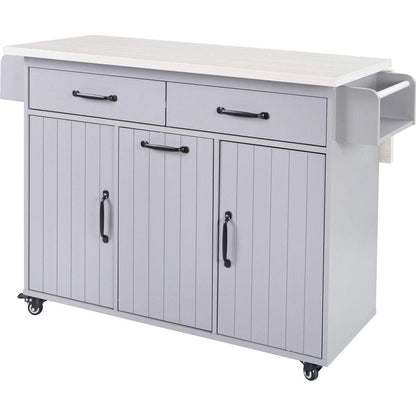 Kitchen Island with Trash Can Storage Cabinet, Kitchen Cart with Drop Leaf, Spice Rack, Towel Rack and Drawer, Rolling Kitchen Island on Wheels with Adjustable Shelf, Grey