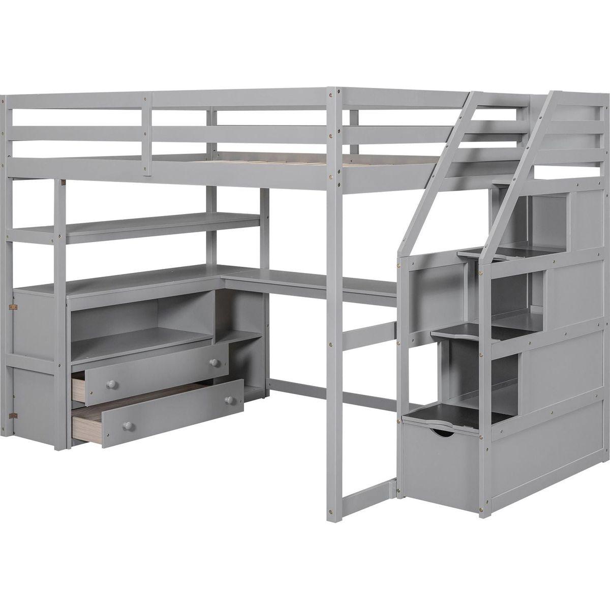 Full Size Loft Bed with Desk and Shelves, Two Built-in Drawers, Storage Staircase, Gray