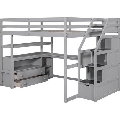 Full Size Loft Bed with Desk and Shelves, Two Built-in Drawers, Storage Staircase, Gray