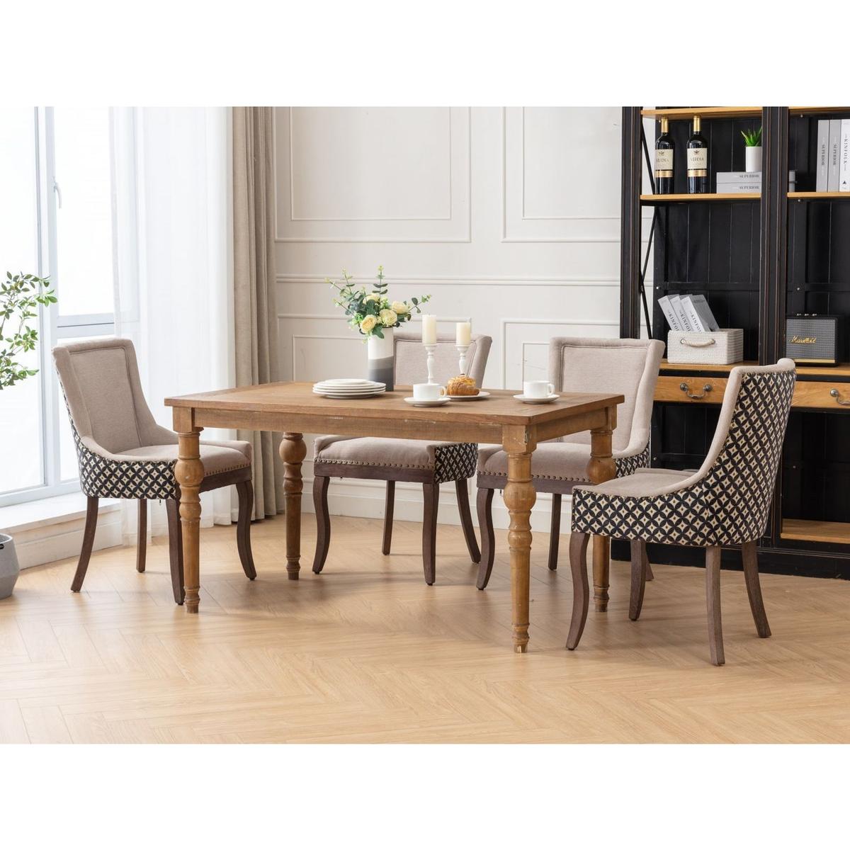 Ultra Side Dining Chair, Thickened fabric chairs with neutrally toned solid wood legs, Bronze nail head, Set of 2, Beige and Patterned