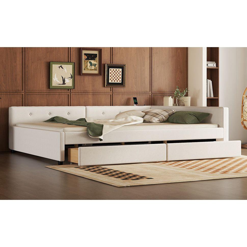 Queen Size Upholstered Platform Bed with USB and 2 Drawers, Beige