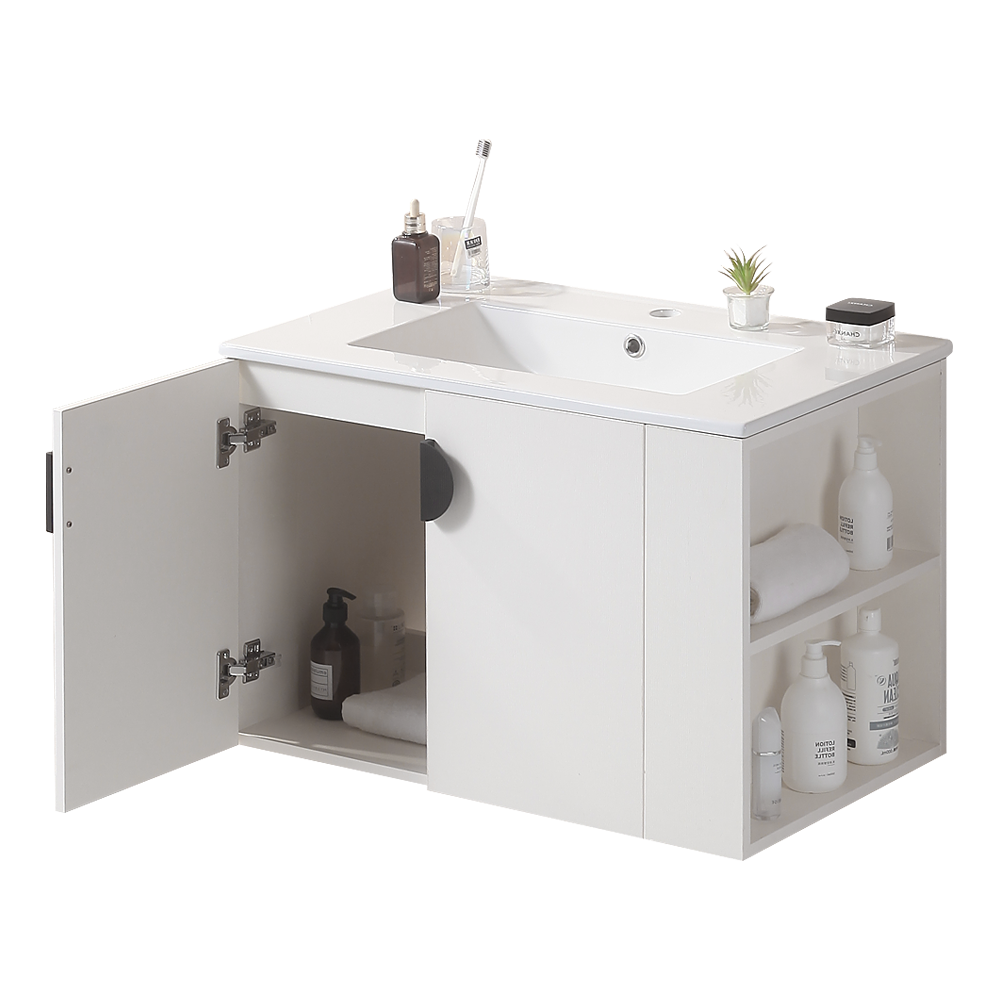 30" Bathroom Vanity with Sink,with two Doors Cabinet Bathroom Vanity Set with Side right Open Storage Shelf,Solid Wood,Excluding faucets,white