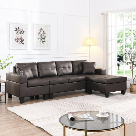 Sectional Sofa Set for Living Room with L Shape Chaise Lounge, cup holder and Left or Right Hand Chaise Modern 4 Seat (Chocolate brown)